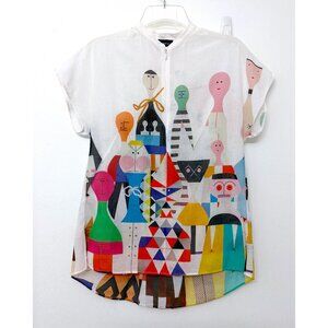 Akris Wooden Doll Print Zip Top Blouse Cotton White Faces People Colorful 2